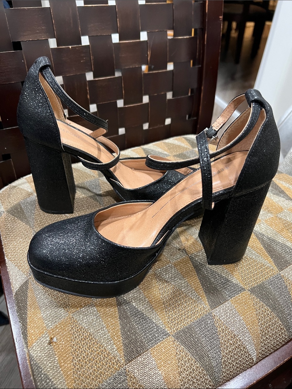 Report Black Glitter Platform Mary Jane Block Heels